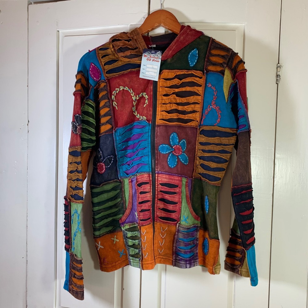 Boho Patchwork Hoodie‎ L Nepal Cotton Embroidered Festival Hippie Cottagecore